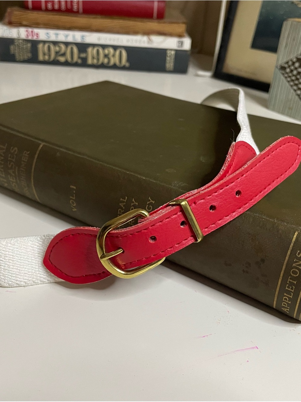 White and Red Leather Belt with Gold Buckle